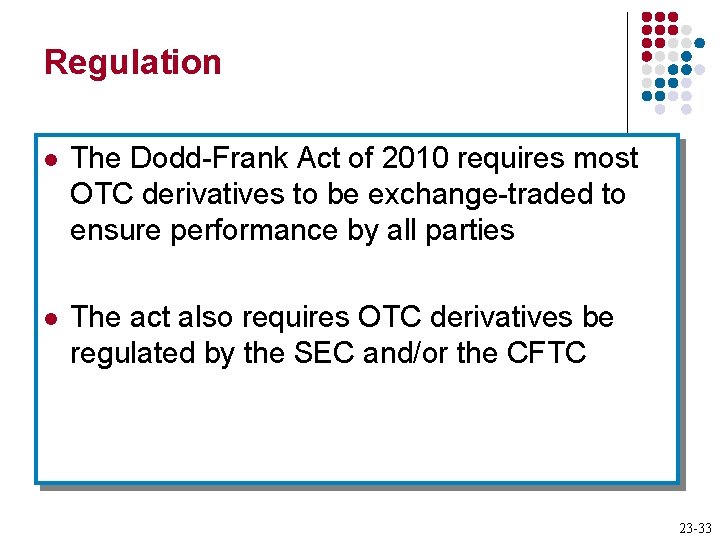 Regulation l The Dodd-Frank Act of 2010 requires most OTC derivatives to be exchange-traded