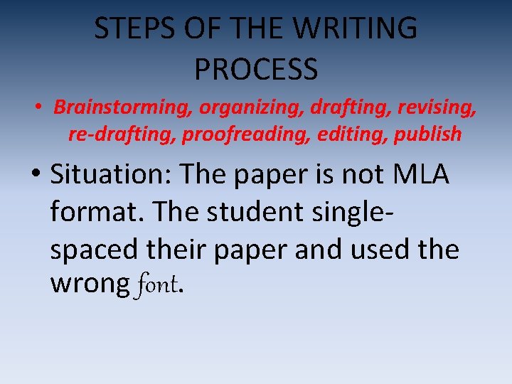 STEPS OF THE WRITING PROCESS • Brainstorming, organizing, drafting, revising, re-drafting, proofreading, editing, publish STEPS OF THE WRITING PROCESS • Brainstorming, organizing, drafting, revising, re-drafting, proofreading, editing, publish