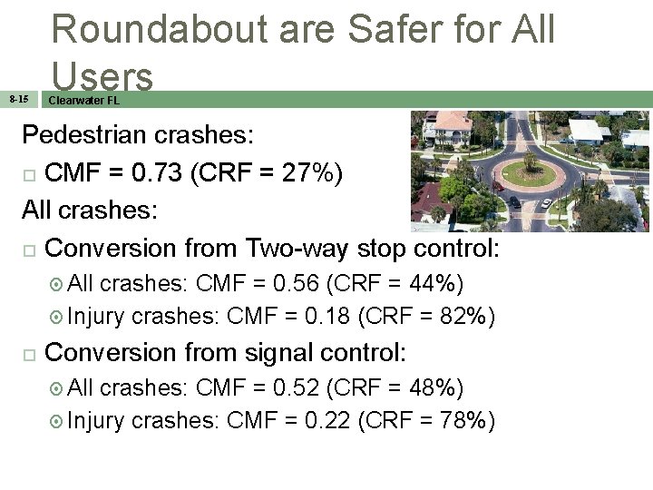 8 -15 Roundabout are Safer for All Users Clearwater FL Pedestrian crashes: CMF =