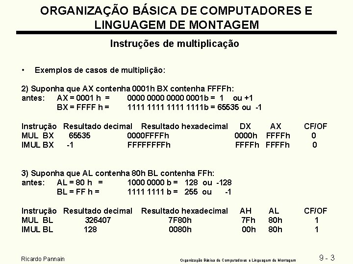 ORGANIZAÇÃO BÁSICA DE COMPUTADORES E LINGUAGEM DE MONTAGEM Instruções de multiplicação • Exemplos de