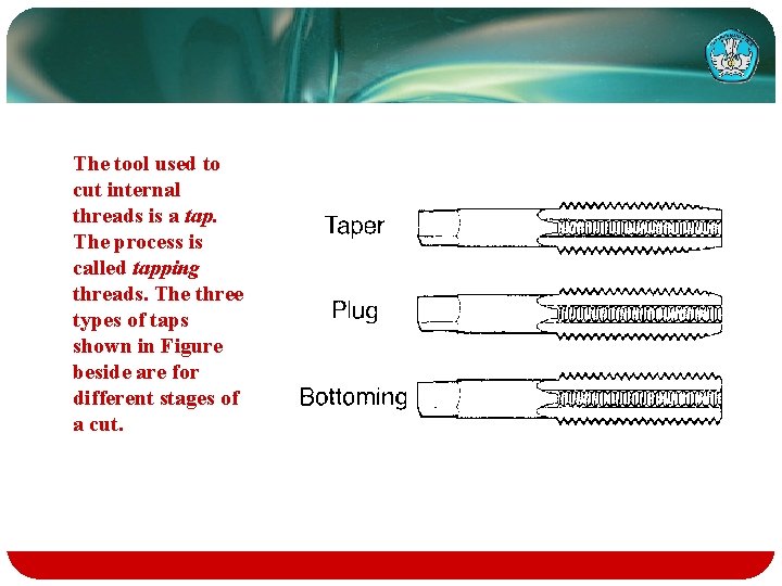 The tool used to cut internal threads is a tap. The process is called