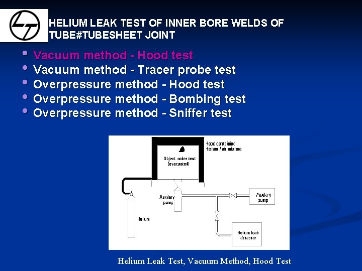 HELIUM LEAK TEST OF INNER BORE WELDS OF TUBE#TUBESHEET JOINT • Vacuum method -