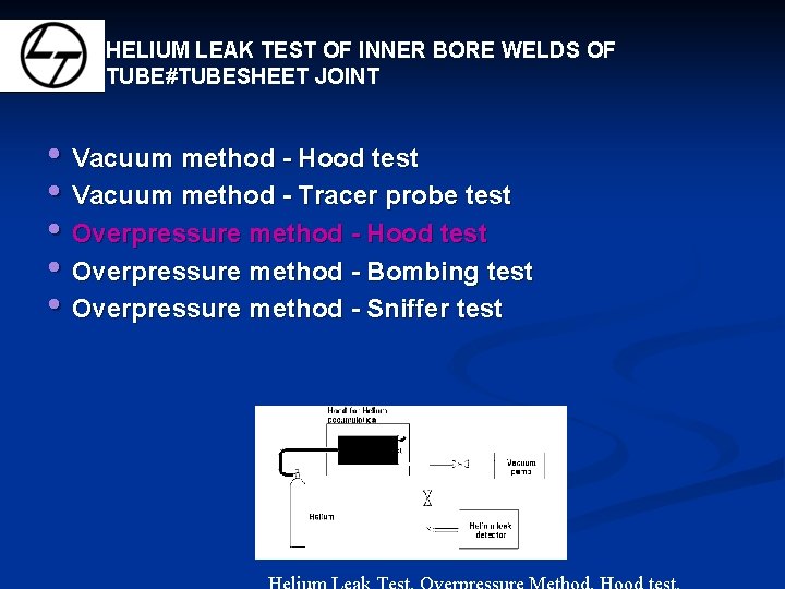 HELIUM LEAK TEST OF INNER BORE WELDS OF TUBE#TUBESHEET JOINT • Vacuum method -