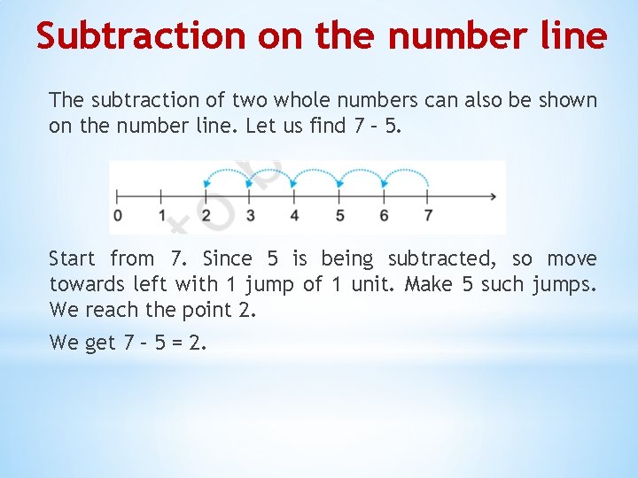 Subtraction on the number line The subtraction of two whole numbers can also be