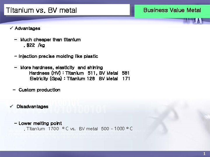 Titanium vs. BV metal Business Value Metal ü Advantages - Much cheaper than titanium.