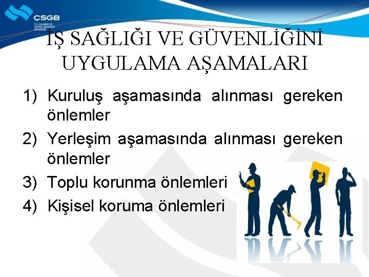 İŞ SAĞLIĞI VE GÜVENLİĞİNİ UYGULAMA AŞAMALARI 1) Kuruluş aşamasında alınması gereken önlemler 2) Yerleşim