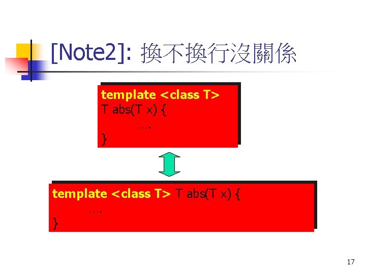 [Note 2]: 換不換行沒關係 template <class T> T abs(T x) { …. } 17 