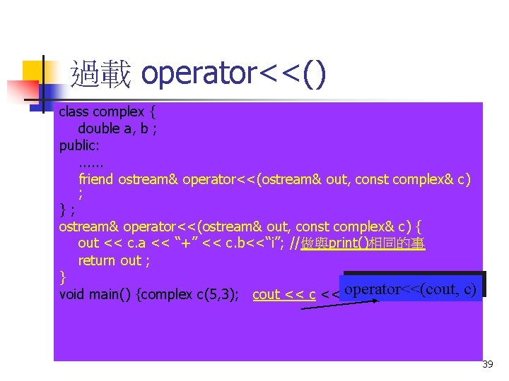 過載 operator<<() class complex { double a, b ; public: . . . friend