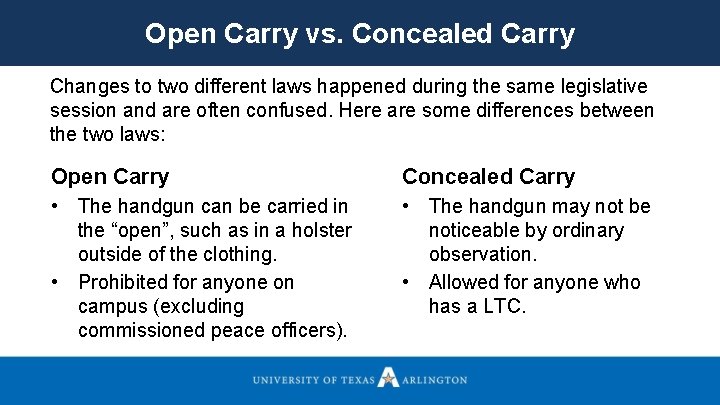 Open Carry vs. Concealed Carry Changes to two different laws happened during the same