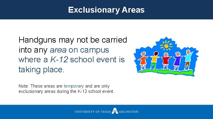 Exclusionary Areas Handguns may not be carried into any area on campus where a