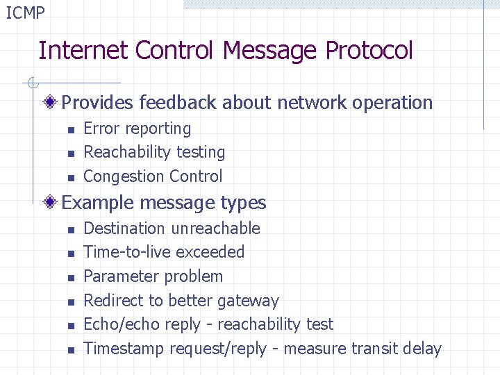 ICMP Internet Control Message Protocol Provides feedback about network operation n Error reporting Reachability