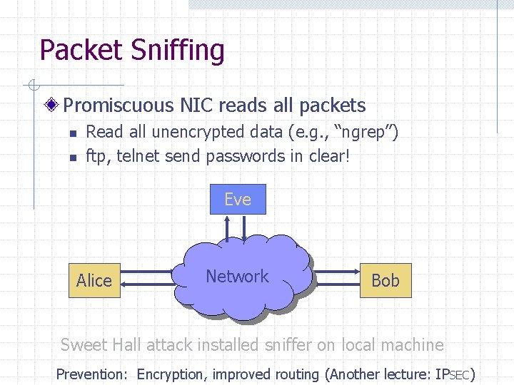 Packet Sniffing Promiscuous NIC reads all packets n n Read all unencrypted data (e.