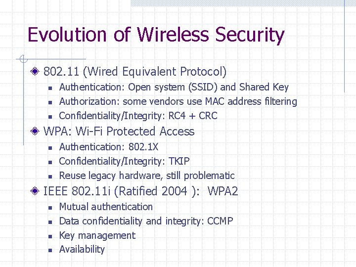 Evolution of Wireless Security 802. 11 (Wired Equivalent Protocol) n n n Authentication: Open