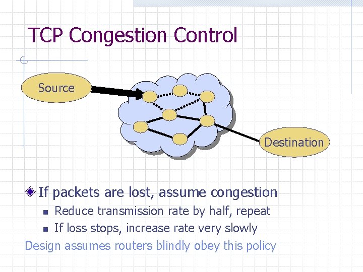 TCP Congestion Control Source Destination If packets are lost, assume congestion Reduce transmission rate