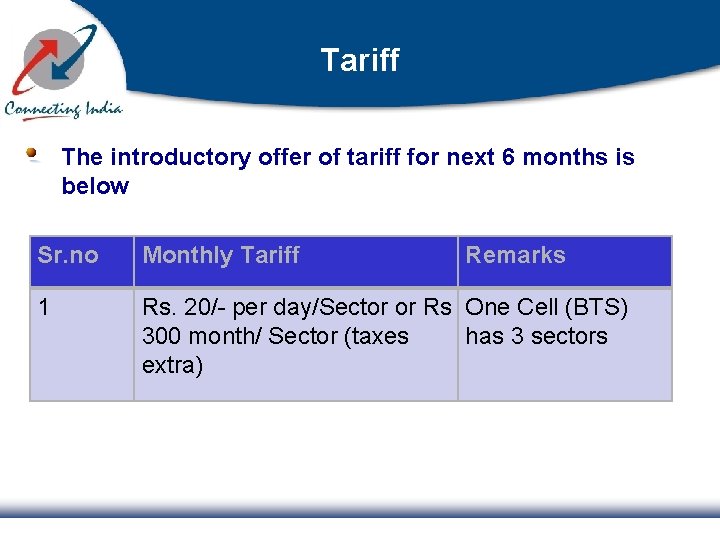 Tariff The introductory offer of tariff for next 6 months is below Sr. no