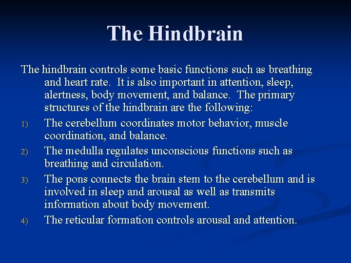 The Hindbrain The hindbrain controls some basic functions such as breathing and heart rate.
