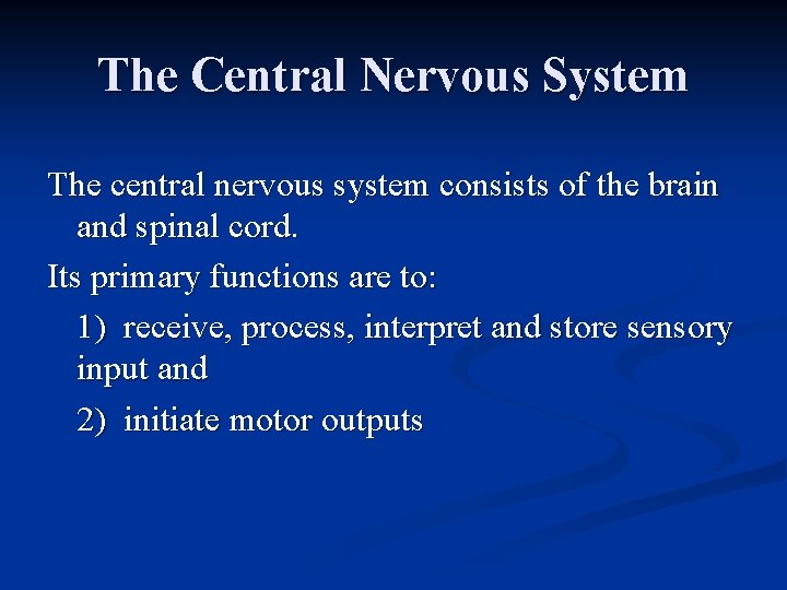 The Central Nervous System The central nervous system consists of the brain and spinal