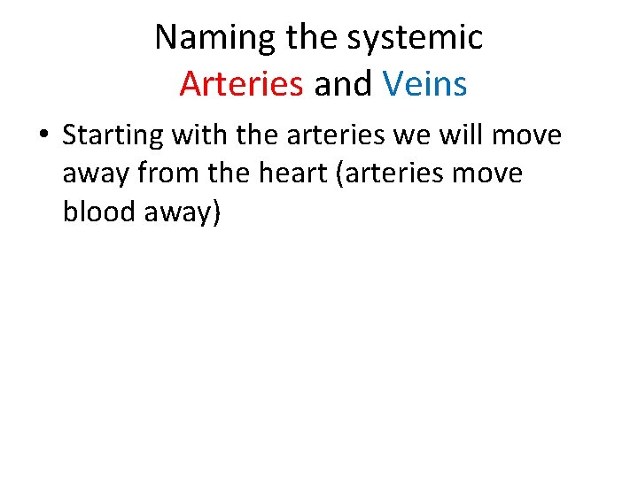 Naming the systemic Arteries and Veins • Starting with the arteries we will move