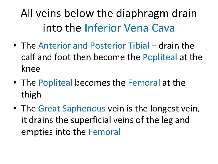 All veins below the diaphragm drain into the Inferior Vena Cava • The Anterior