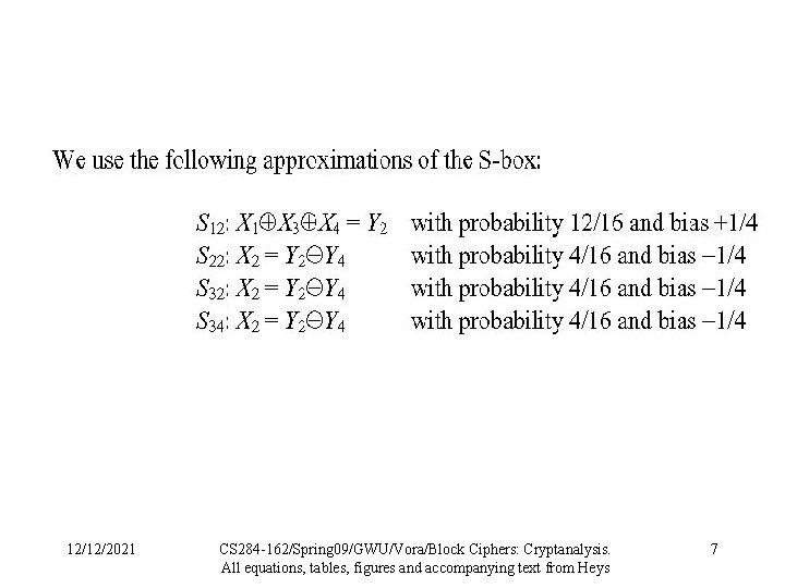 12/12/2021 CS 284 -162/Spring 09/GWU/Vora/Block Ciphers: Cryptanalysis. All equations, tables, figures and accompanying text