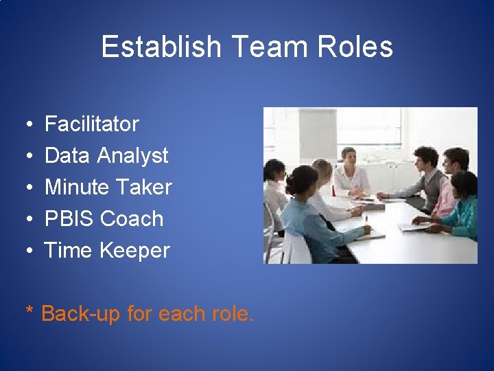 Establish Team Roles • • • Facilitator Data Analyst Minute Taker PBIS Coach Time