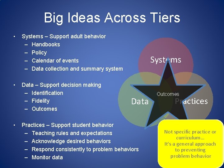 Big Ideas Across Tiers • • • Systems – Support adult behavior – Handbooks