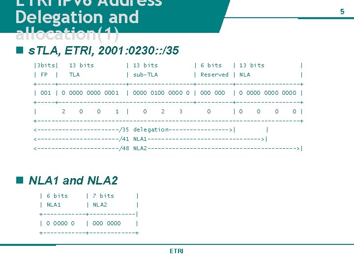 ETRI IPv 6 Address Delegation and allocation(1) 5 n s. TLA, ETRI, 2001: 0230: