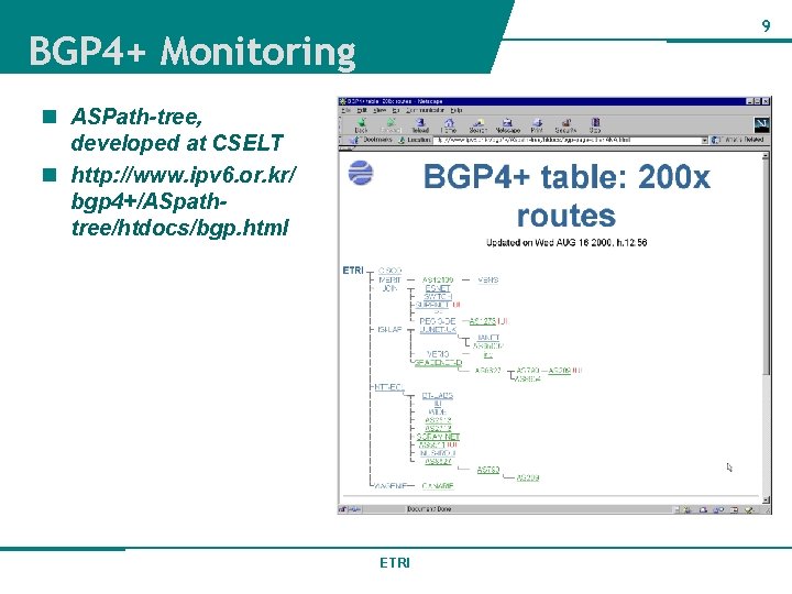 9 BGP 4+ Monitoring n ASPath-tree, developed at CSELT n http: //www. ipv 6.