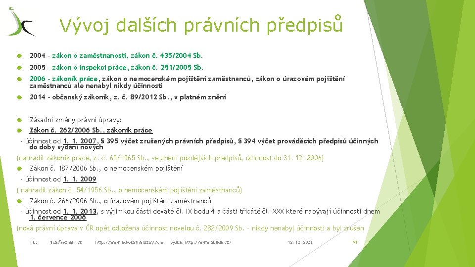 Vývoj dalších právních předpisů 2004 – zákon o zaměstnanosti, zákon č. 435/2004 Sb. 2005