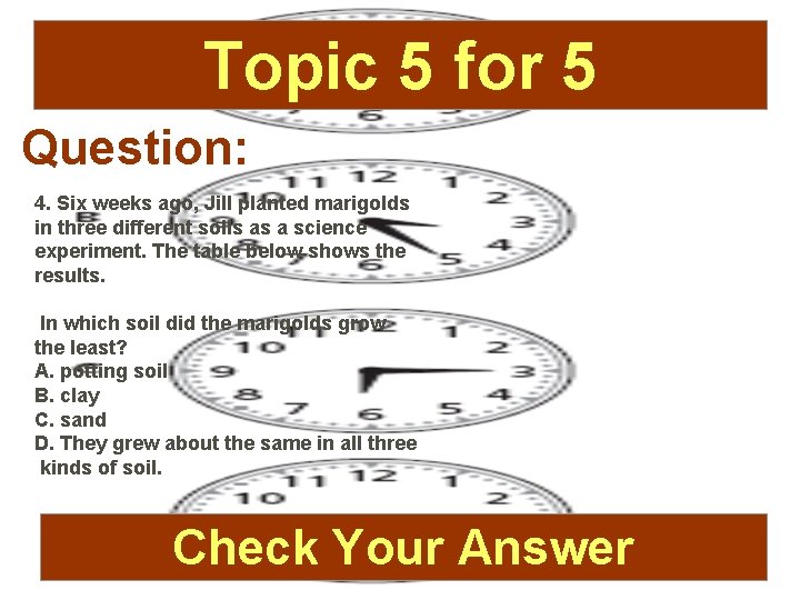 Topic 5 for 5 Question: 4. Six weeks ago, Jill planted marigolds in three