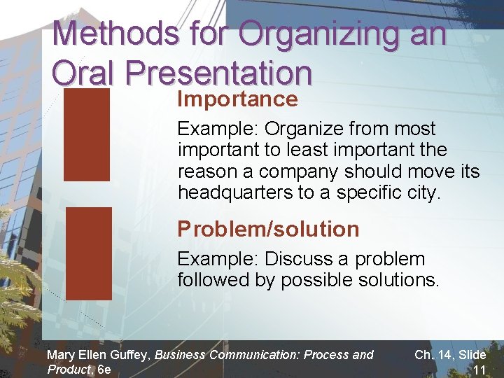 Methods for Organizing an Oral Presentation Importance Example: Organize from most important to least