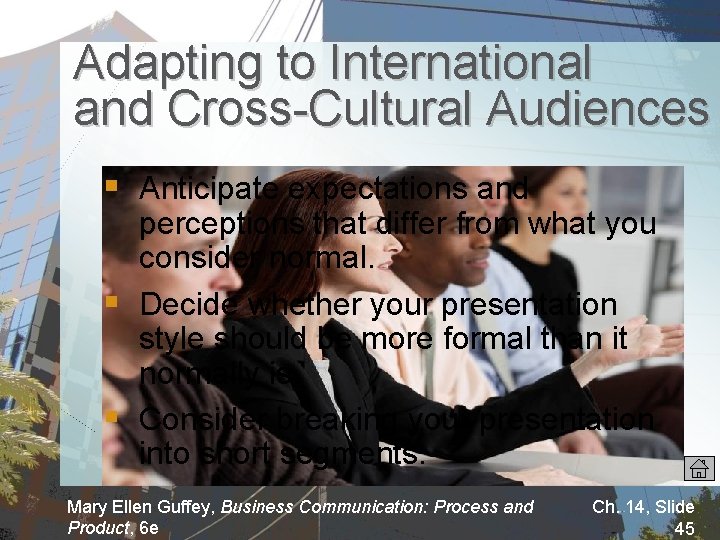 Adapting to International and Cross-Cultural Audiences § Anticipate expectations and perceptions that differ from