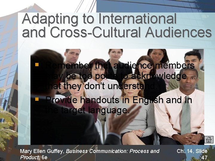 Adapting to International and Cross-Cultural Audiences § Remember that audience members may be too