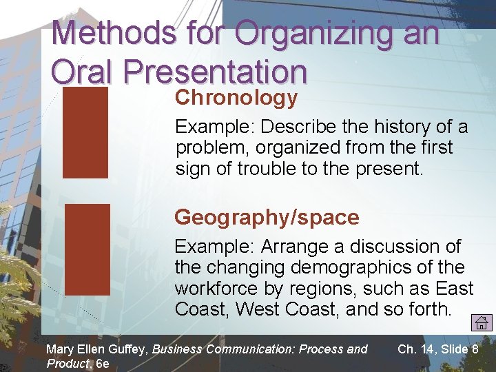 Methods for Organizing an Oral Presentation Chronology Example: Describe the history of a problem,