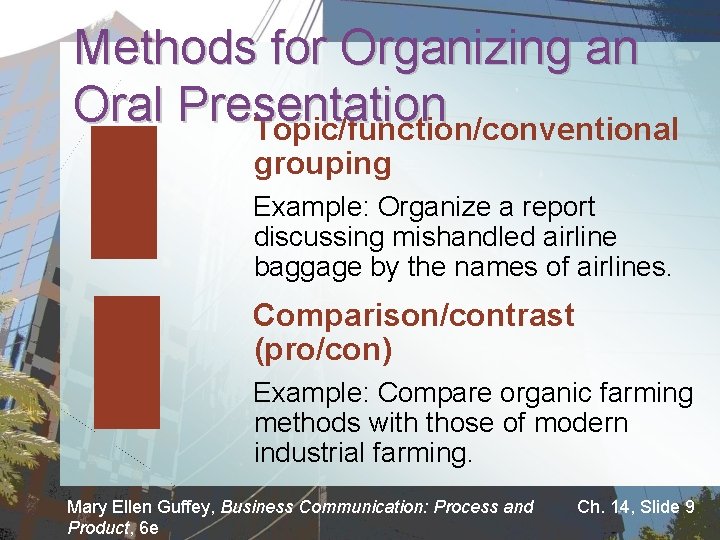 Methods for Organizing an Oral Presentation Topic/function/conventional grouping Example: Organize a report discussing mishandled