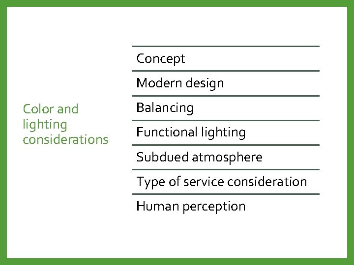 Concept Modern design Color and lighting considerations Balancing Functional lighting Subdued atmosphere Type of