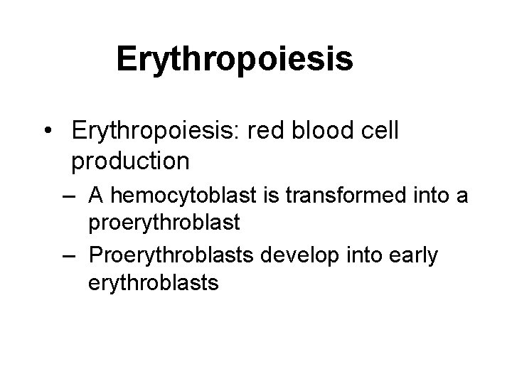 Erythropoiesis • Erythropoiesis: red blood cell production – A hemocytoblast is transformed into a