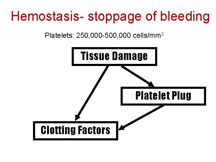 Hemostasis- stoppage of bleeding Platelets: 250, 000 -500, 000 cells/mm 3 Tissue Damage Platelet