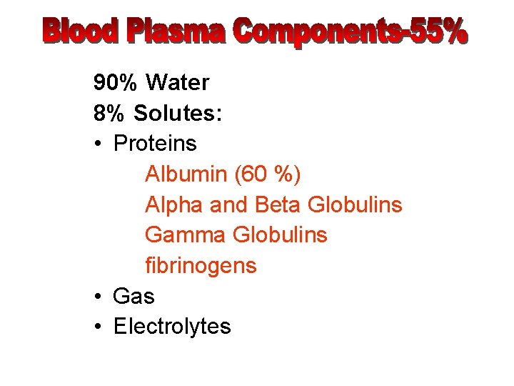 90% Water 8% Solutes: • Proteins Albumin (60 %) Alpha and Beta Globulins Gamma