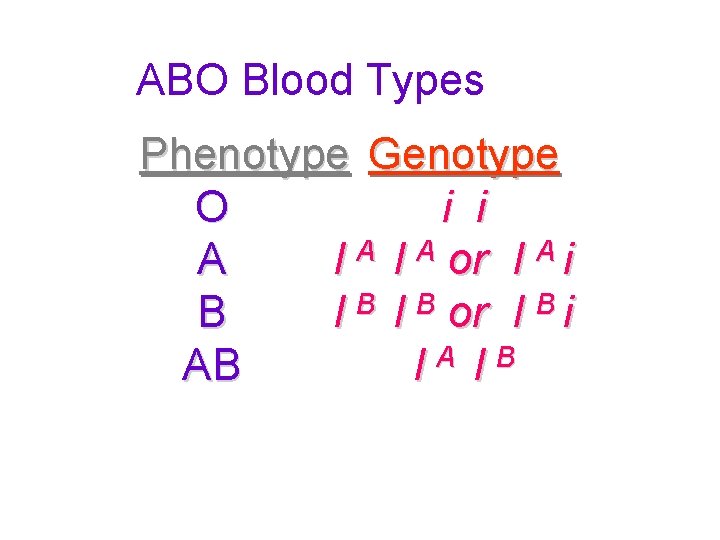 ABO Blood Types Phenotype Genotype O i i A I A or I A