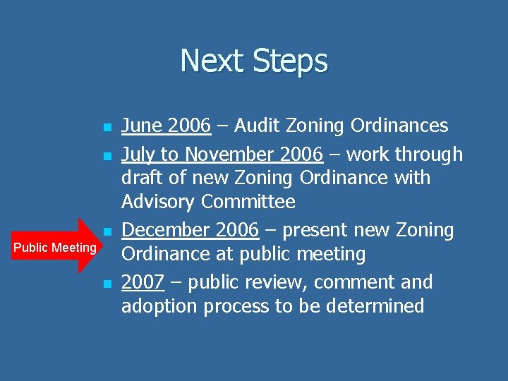 Next Steps n n n Public Meeting n June 2006 – Audit Zoning Ordinances