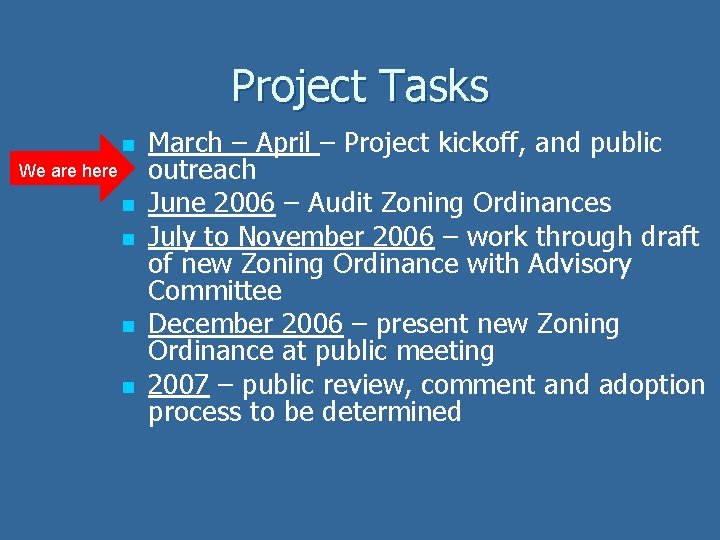 Project Tasks n We are here n n March – April – Project kickoff,