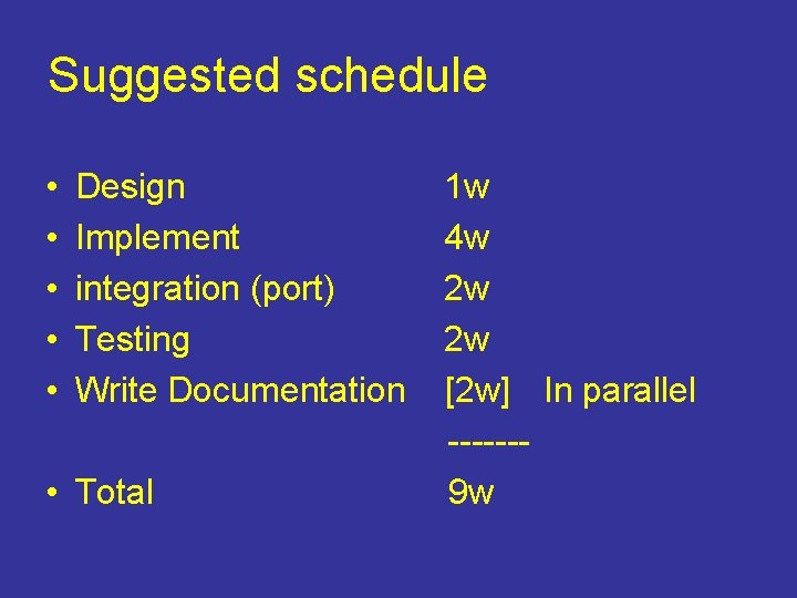 Suggested schedule • • • Design Implement integration (port) Testing Write Documentation • Total