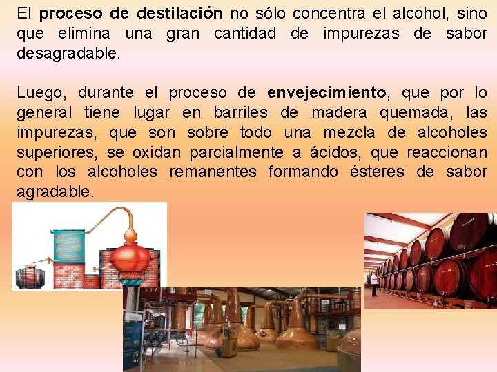El proceso de destilación no sólo concentra el alcohol, sino que elimina una gran