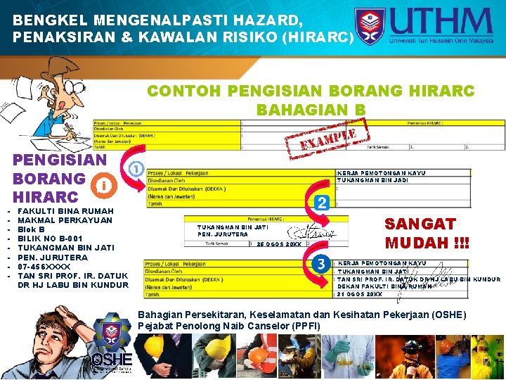 BENGKEL MENGENALPASTI HAZARD, PENAKSIRAN & KAWALAN RISIKO (HIRARC) CONTOH PENGISIAN BORANG HIRARC BAHAGIAN B