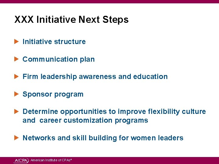 XXX Initiative Next Steps Initiative structure Communication plan Firm leadership awareness and education Sponsor