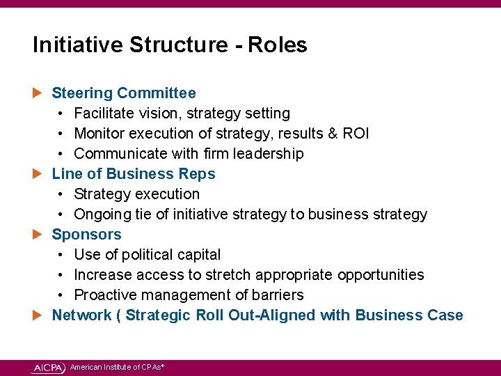 Initiative Structure - Roles Steering Committee • Facilitate vision, strategy setting • Monitor execution