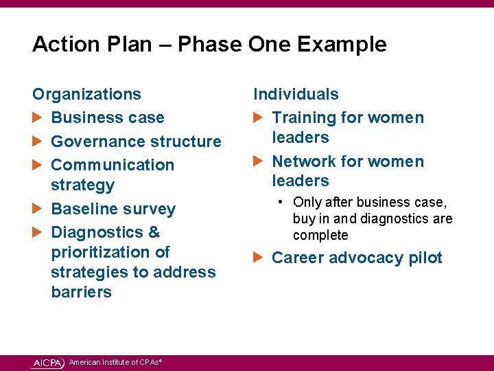 Action Plan – Phase One Example Organizations Business case Governance structure Communication strategy Baseline