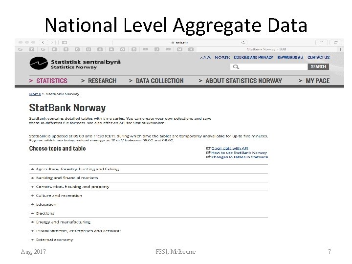 National Level Aggregate Data Aug, 2017 FSSI, Melbourne 7 