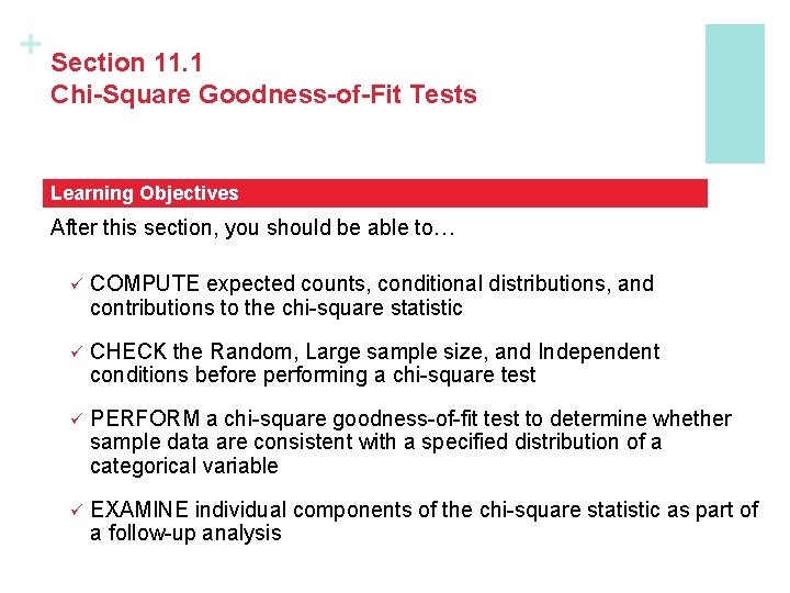 + Section 11. 1 Chi-Square Goodness-of-Fit Tests Learning Objectives After this section, you should